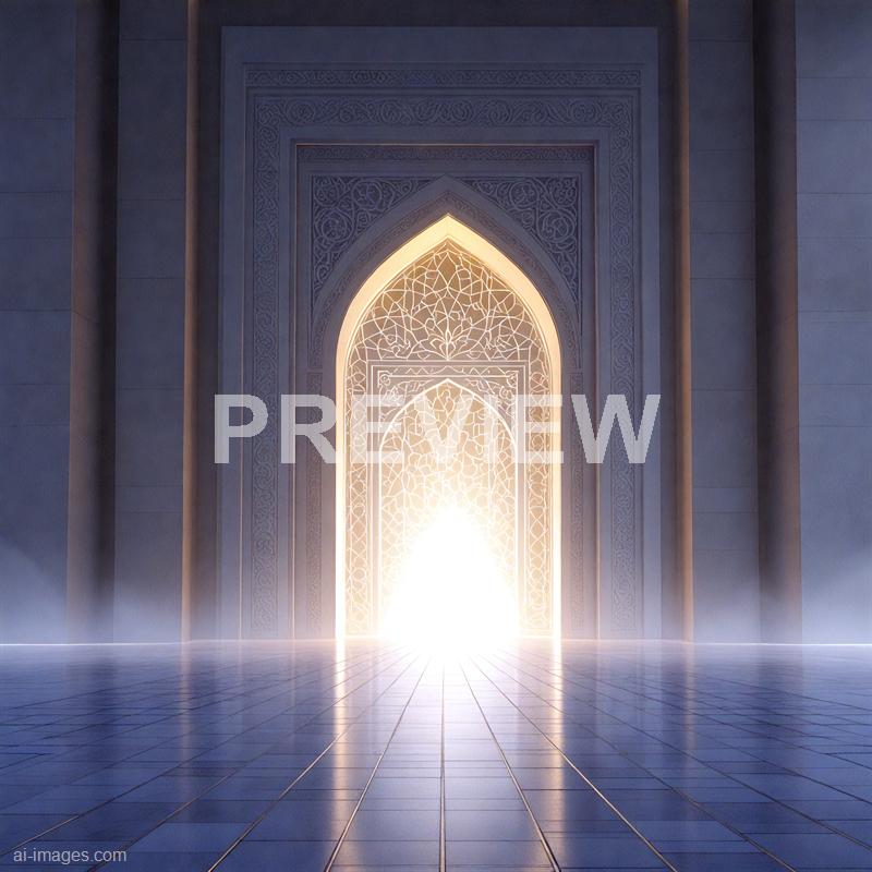 The image depicts an ornately decorated archway with intricate geometric and floral patterns carved into its frame. Bright, warm light emanates from beyond the arch, creating a glowing effect that illuminates the detailed carvings and casts a soft reflection on the tiled floor in the foreground. The surrounding walls are smooth and plain, contrasting with the elaborate design of the arch.